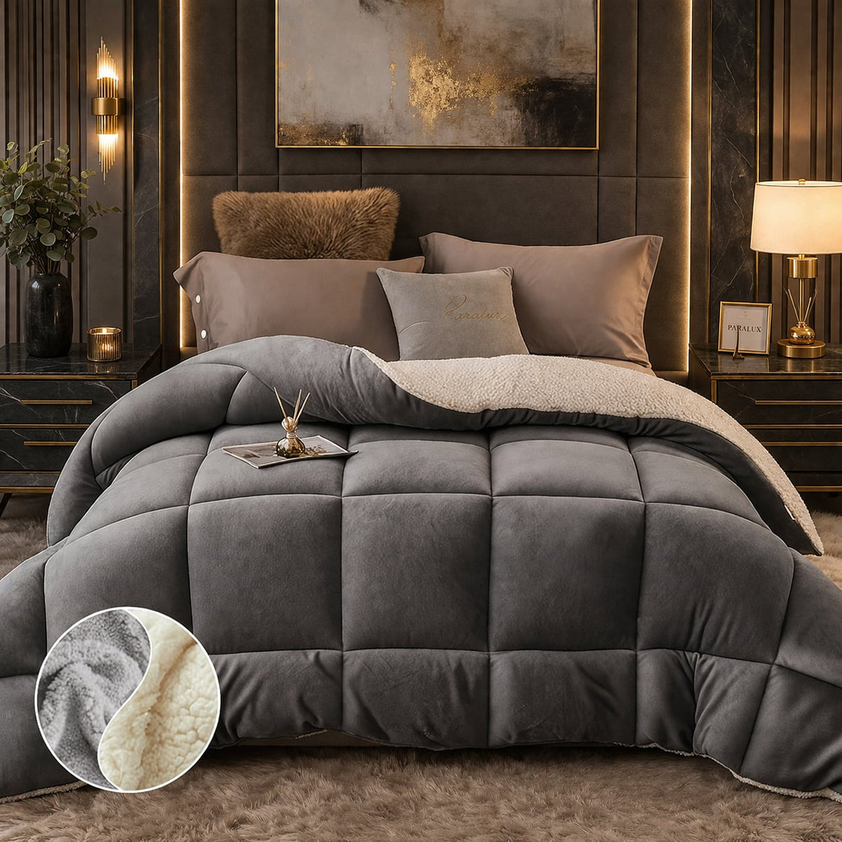 Ash Grey comforter with cream sherpa reverse