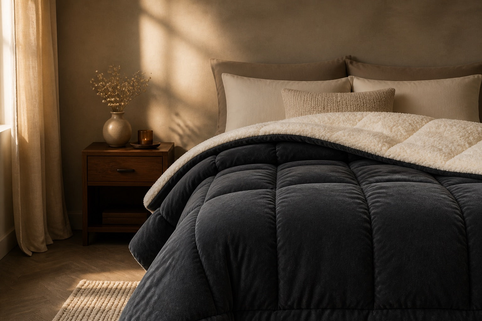 Reversible 700GSM comforter with a plush fleece face and cream sherpa reverse