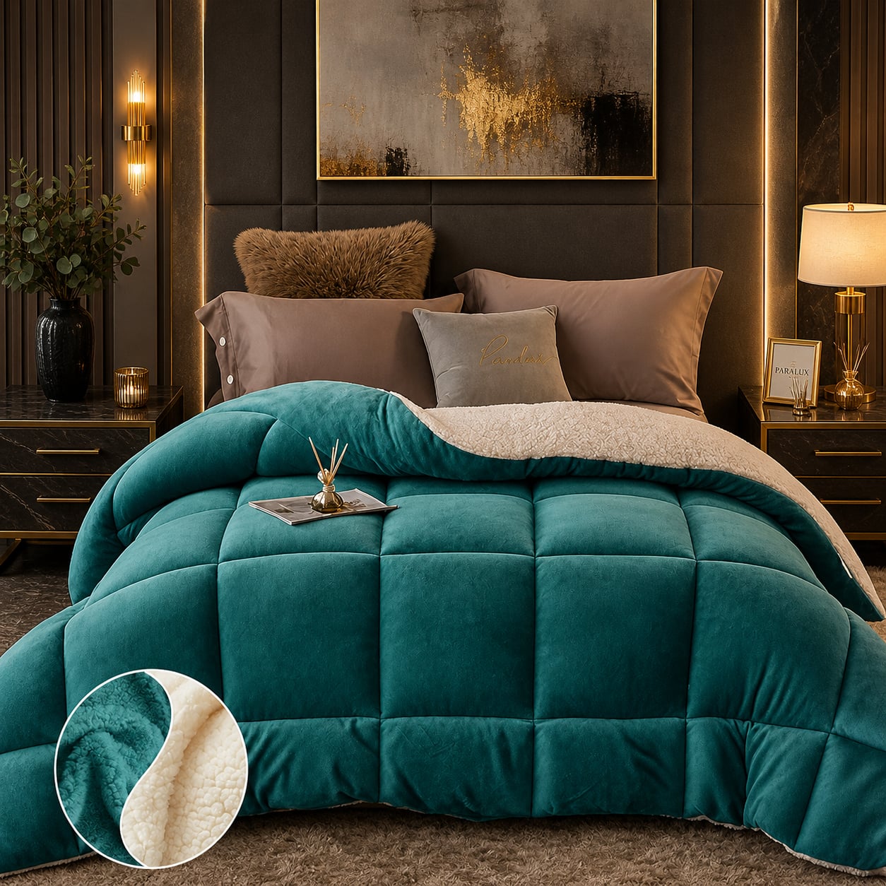 Teal comforter with cream sherpa reverse
