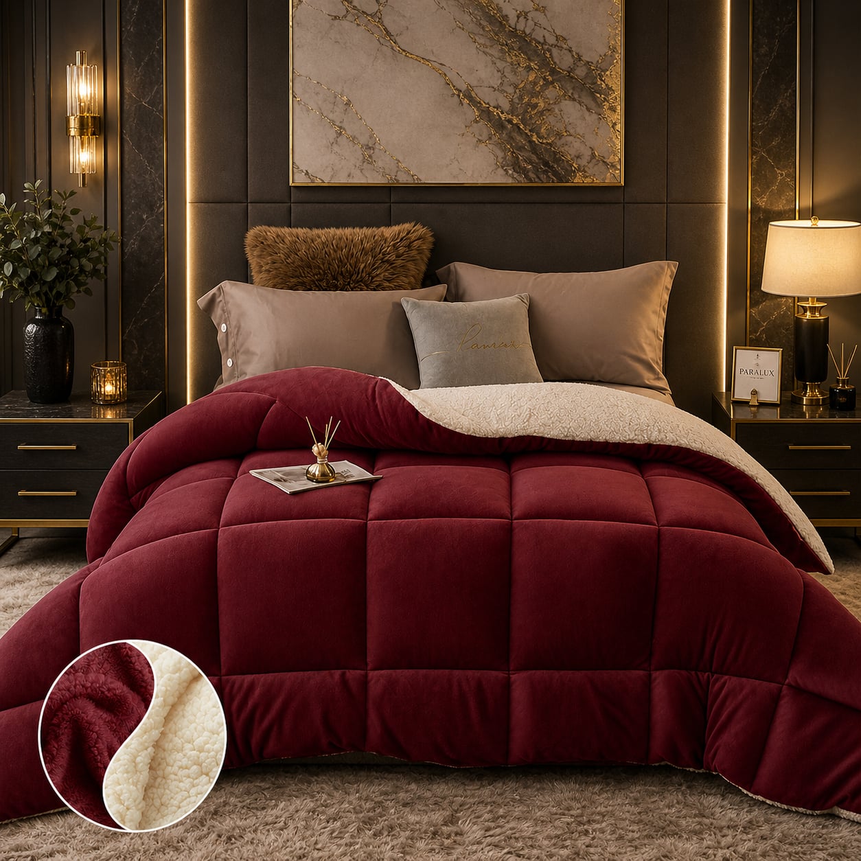 Wine comforter with cream sherpa reverse